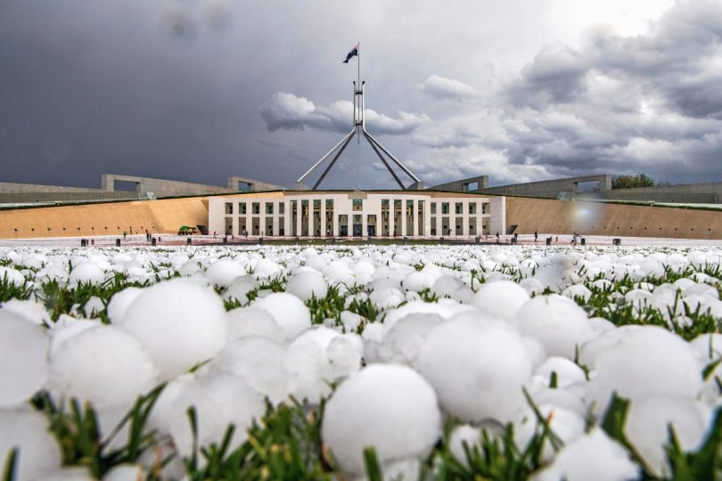Hail on grass at Parliament House