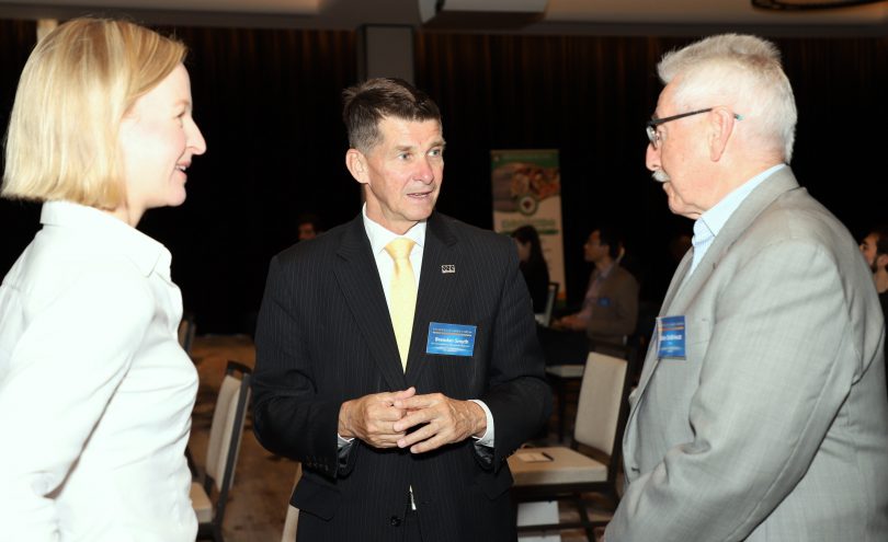 Erin Tomkinson, Brendan Smyth and John Debrincat at the Business Leaders' Forum. 