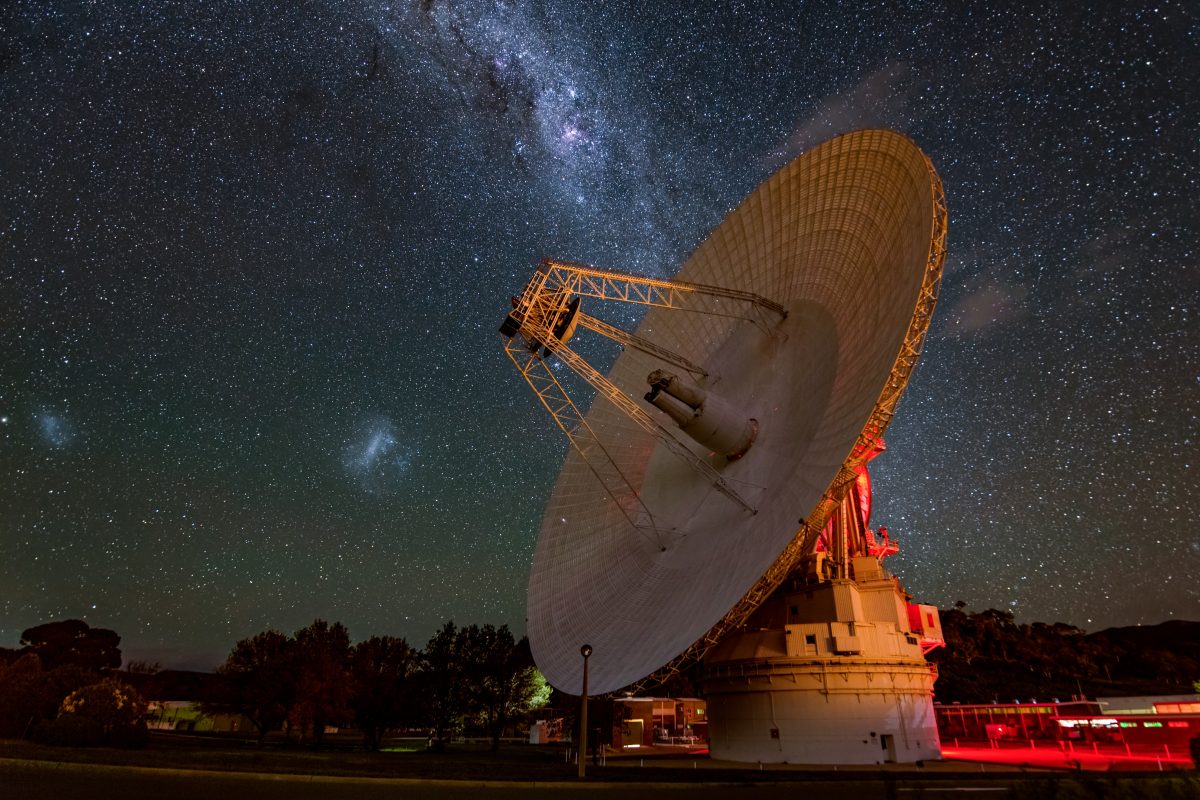 The Canberra Deep Space Communication Complex at night showing the Milky Way.