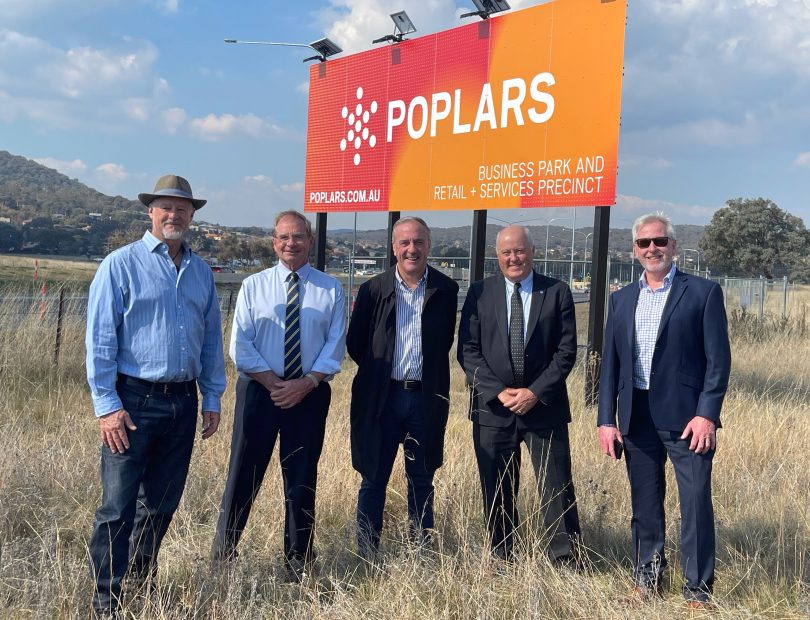 David Harper, Tim Overall, David Maxwell, Professor Leigh Sullivan and Peter Tegart at the Poplars Innovation Precinct site at South Jerrabomberra